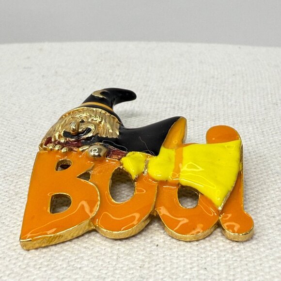 Halloween Boo! Witch Brooch Pin Enamel‎ 1.5" Orange Black - Picture 2 of 7